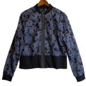 LANE BRYANT ZIP UP BOMBER JACKET BLACK LACE W/ DENIM FLORAL APPLIQUE SIZE 14/16
